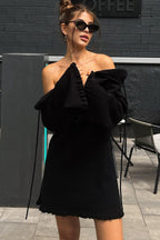 One Shoulder Long Sleeve Ruffle Cuff Lettuce Hem Mini Sweater Dress