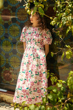Floral Print Smocked Waist Puff Sleeve Crew Neck Midi Dress