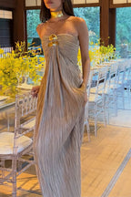 Golden Hour Metallic Pleated Strapless Maxi Dress