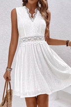 Deep V Neck Crochet Lace Waistband Eyelet Panel A-Line Mini Dress