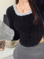 Contrast Color Splice Trumpet Sleeve Slim Sweater