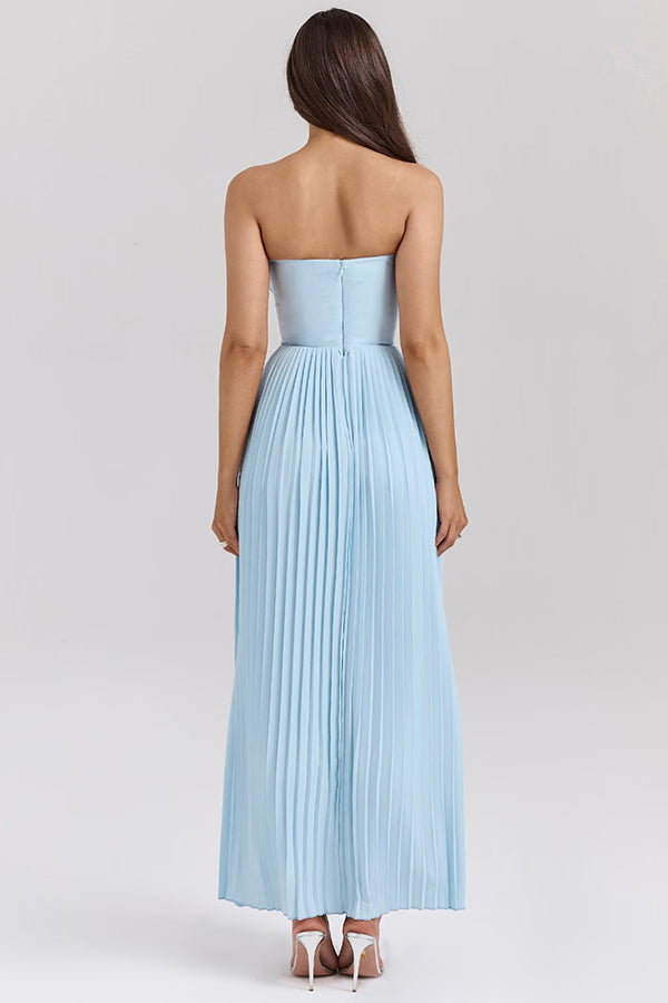 Strapless Sweetheart Pleated Bust Basque Waist Accordion Pleat Maxi Gown