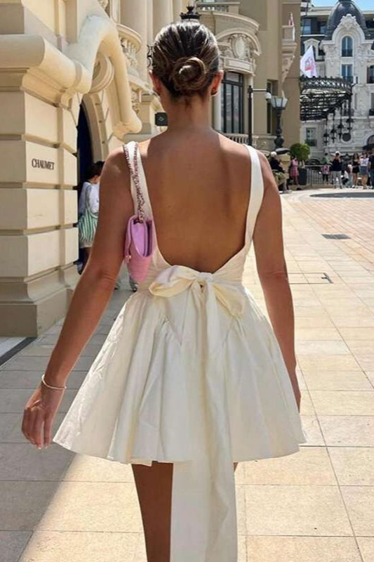 White Backless Bow Tie Dress