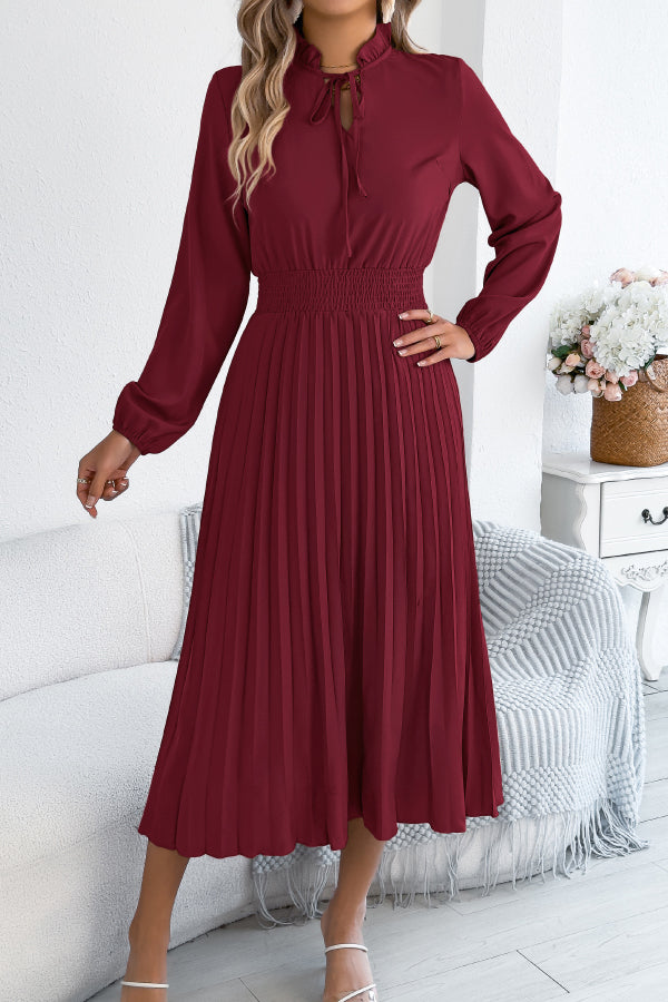 Solid Color Long-sleeved Fitted Waist Pleated Elegant Midi Dress