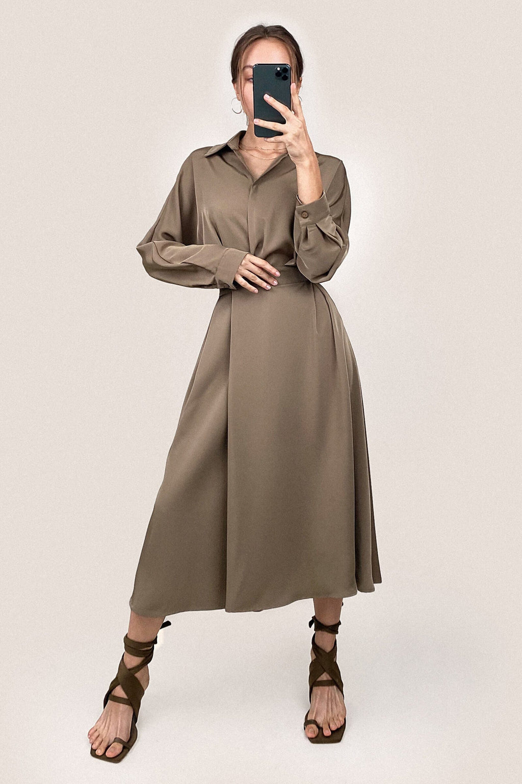Surplice Pleat Detail Long Sleeve Collar Blouse and A-Line Midi Skirt Set