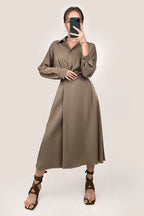 Surplice Pleat Detail Long Sleeve Collar Blouse and A-Line Midi Skirt Set