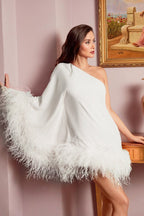 One Shoulder Feather Trim Cape Sleeve Mini Dress