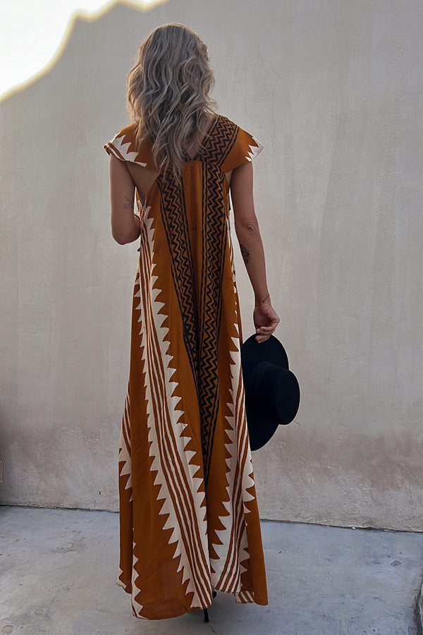 Ethnic Geometric Print Cap Sleeve Deep V-Neck A-Line Maxi Dress