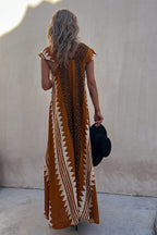 Ethnic Geometric Print Cap Sleeve Deep V-Neck A-Line Maxi Dress