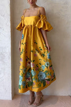 Floral Print Cold Shoulder Ruffle Sleeve Empire Waist Pocket Midi Dress