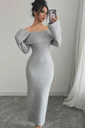 Off Shoulder Ribbed Knit Long Sleeve Bodycon Maxi Sweater Dress