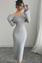 Off Shoulder Ribbed Knit Long Sleeve Bodycon Maxi Sweater Dress