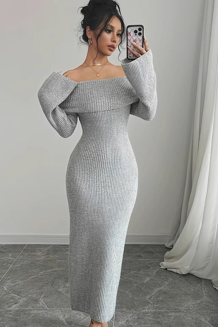 Off Shoulder Ribbed Knit Long Sleeve Bodycon Maxi Sweater Dress