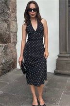 Polka Dot Halter Deep V-Neck Bodycon Midi Dress