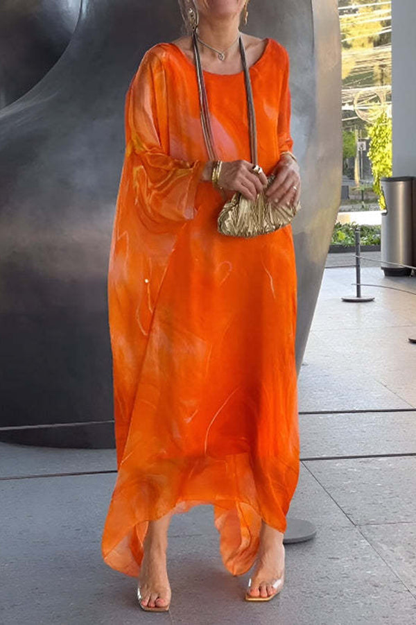 Marbled Print Crew Neck Batwing Sleeve Oversized Kaftan Maxi Dress