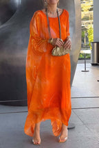 Marbled Print Crew Neck Batwing Sleeve Oversized Kaftan Maxi Dress