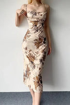 Floral Print Spaghetti Strap Square Neck Satin Slip Midi Dress
