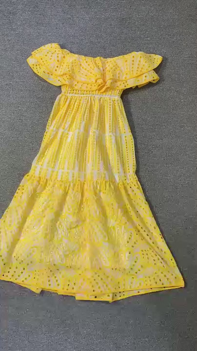Off Shoulder Eyelet Lace Smocked Tiered Ruffle Maxi Dress