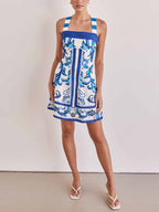 Majolica Tile Print Square Neck Wide Strap Fit and Flare Pocket Mini Dress