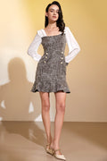 Tweed Double-Breasted Pearl Button Puff Sleeve Ruffle Hem Mini Dress
