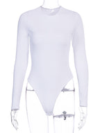 Bodysuit Light Apricot Long Sleeves Piping Stretch Notched Neckline Sexy Cotton Top For Women