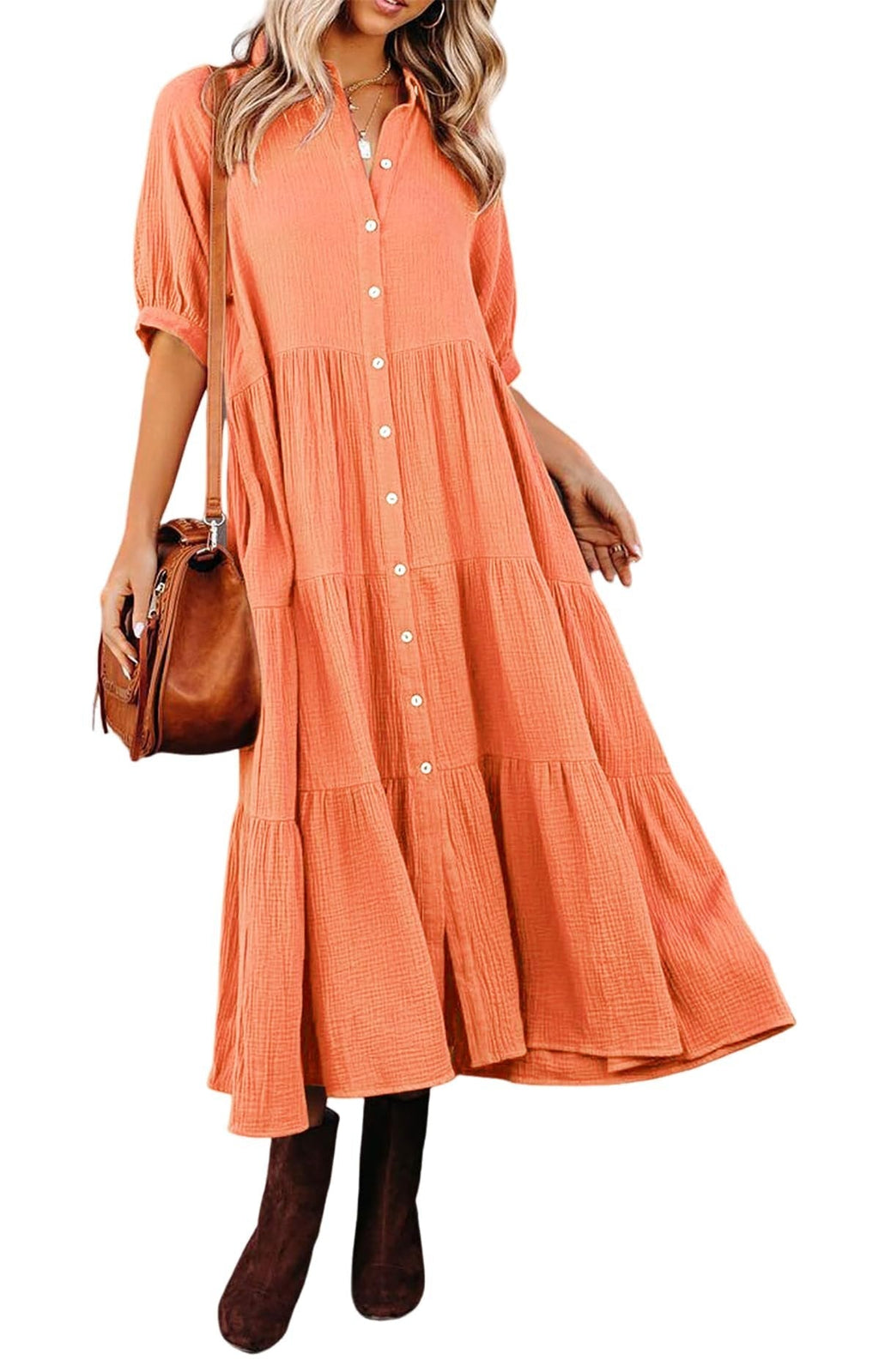 Gauze Button Front Collar Half Sleeve Tiered Pocket Midi Dress