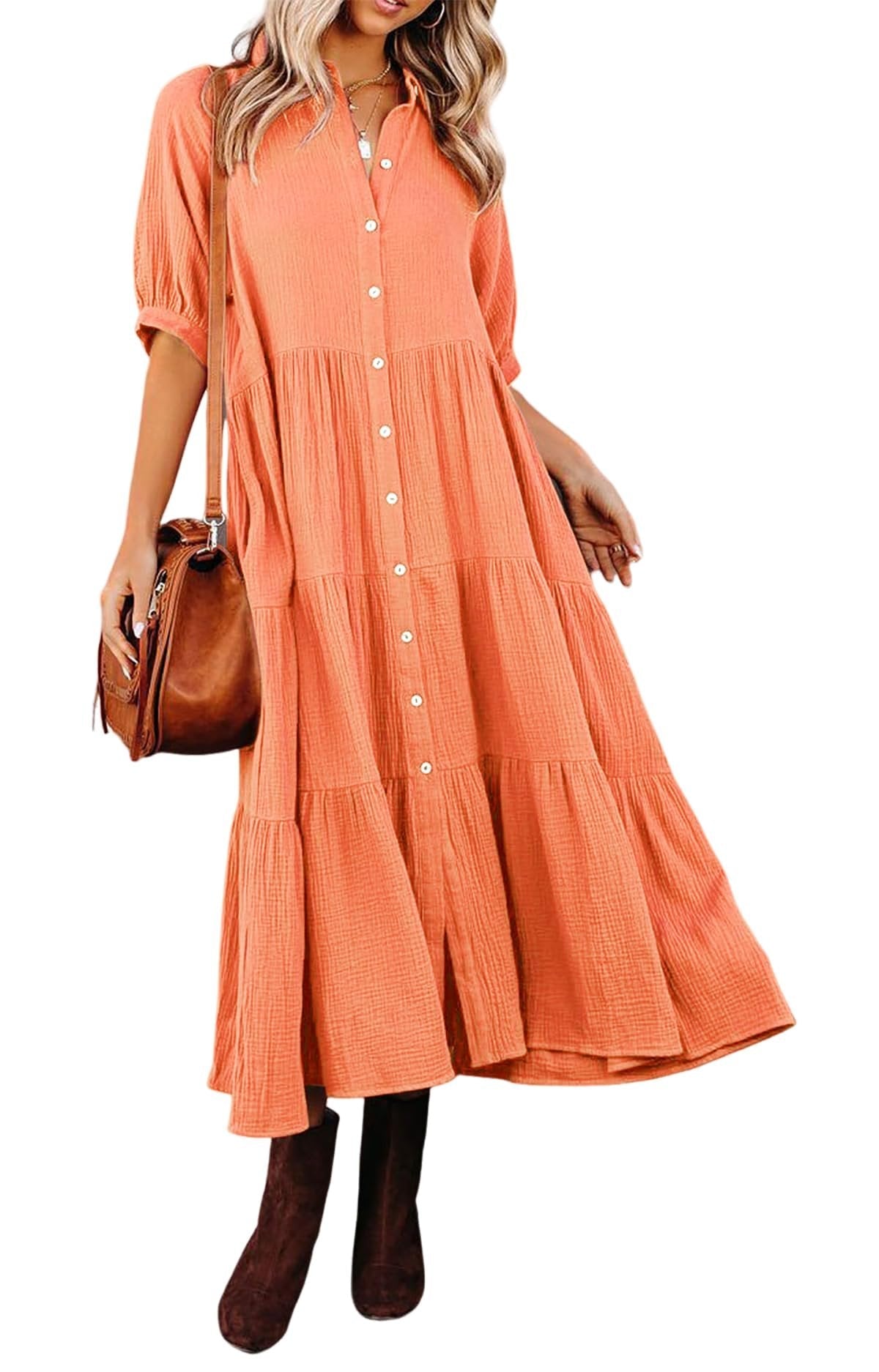 Gauze Button Front Collar Half Sleeve Tiered Pocket Midi Dress