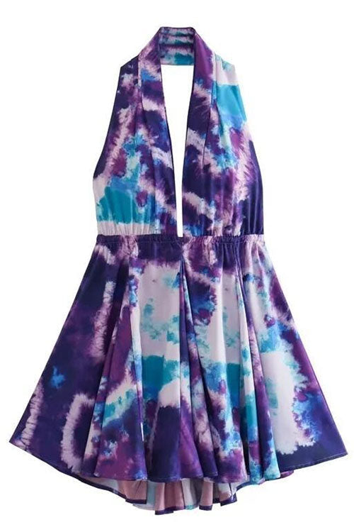 Deep V Neck Halter Backless Printed Mini Vacation Dress