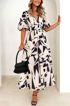 V Neck Half Sleeves Waisted Printed Maxi Swing Dress
