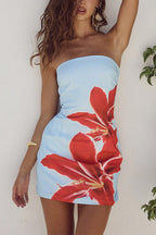 Strapless Tube Pocketed Lily Print Mini Dress