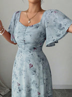 Floral Lotus Leaf Sleeves Sweetheart Collar Vacation And Leisure Maxi Dresses