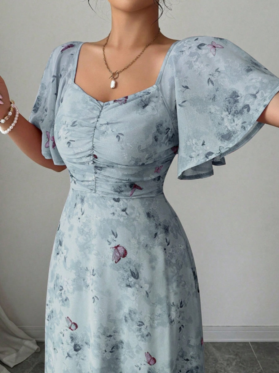 Floral Lotus Leaf Sleeves Sweetheart Collar Vacation And Leisure Maxi Dresses