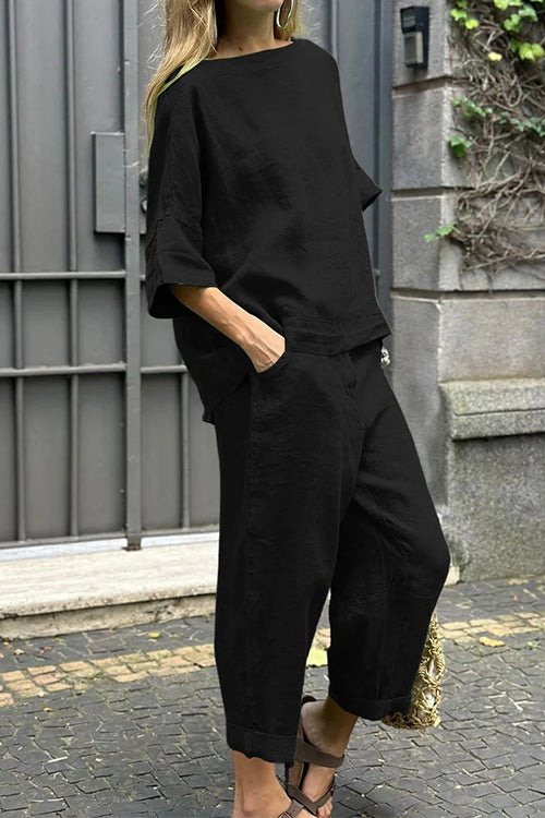 Cotton Linen Half Sleeves Pullover Top Wide Leg Tapered Pants Set