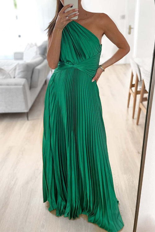 Draped One Shoulder Waisted Pleated Maxi Party Dress