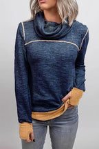 Casual Cowl Neck Color Block Sweatshirt with Thumb Hole