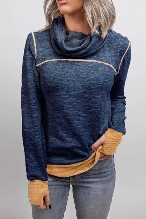 Casual Cowl Neck Color Block Sweatshirt with Thumb Hole