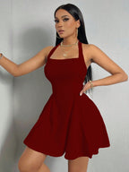 Halter Neck, Backless, Fitted Waist, A-line Short Dress