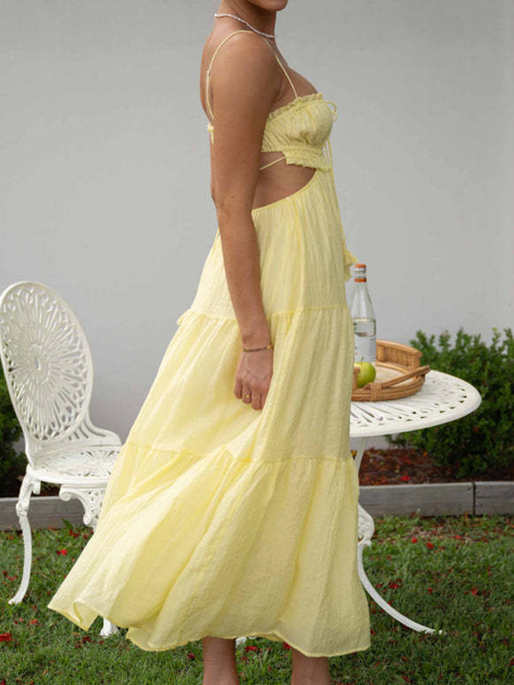 Tiered Spaghetti Strap Tie Front Waist Cut Out Maxi Dress