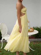 Tiered Spaghetti Strap Tie Front Waist Cut Out Maxi Dress