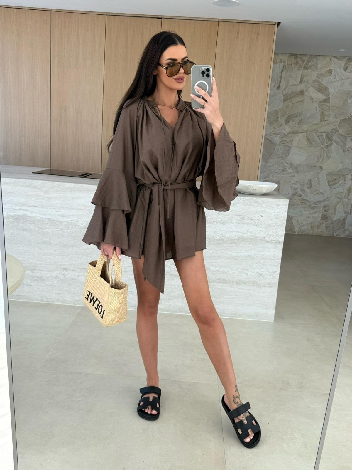 V-neck, Irregular Tie-waist, Long-sleeved, Loose-fitting Short Dress