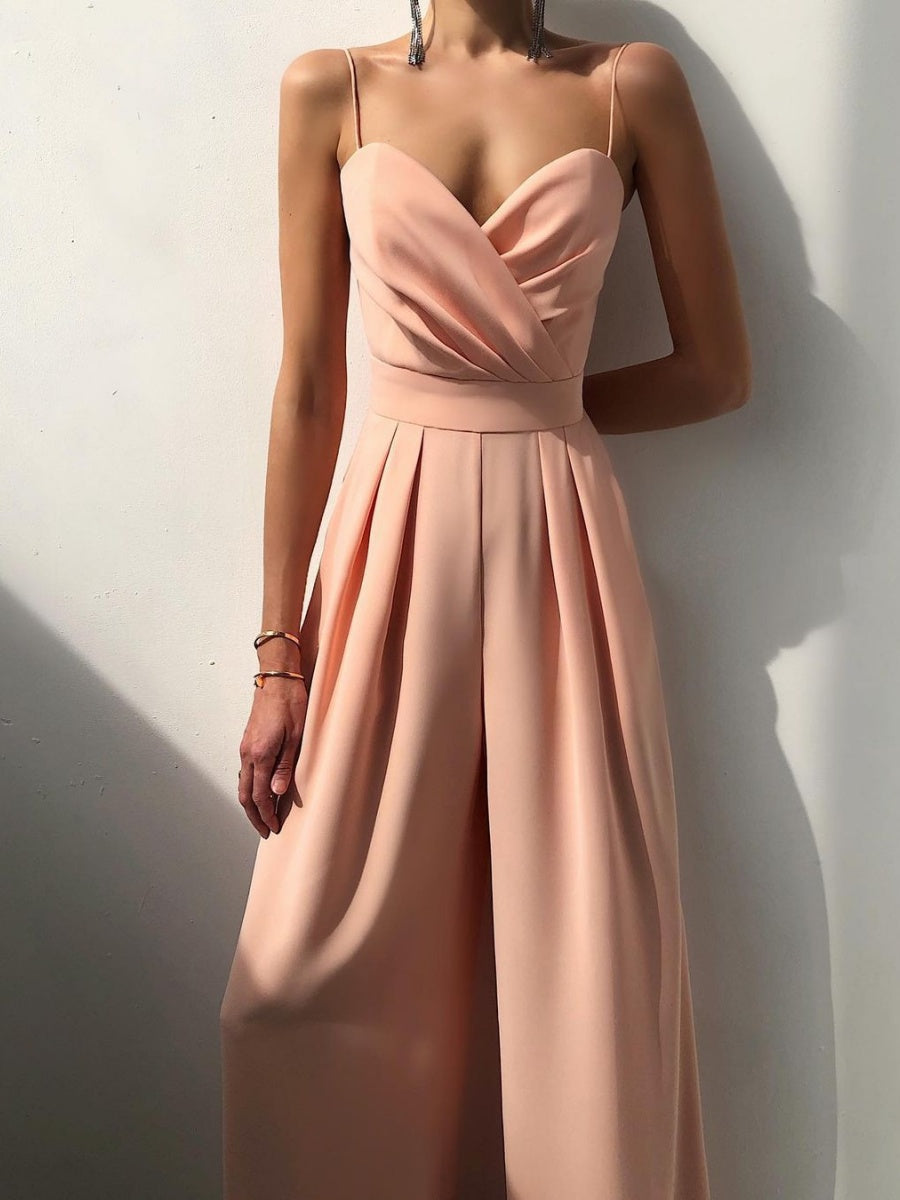 Minimalist Jumpsuit With Suspenders, Cinched Waist, Straight Leg, And Floor-length