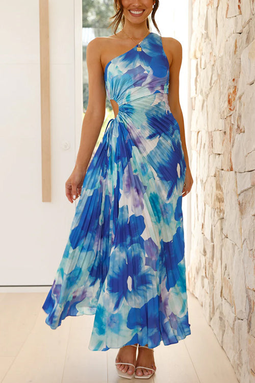 One Shoulder Sleeveless Cut Out Printed Swing Maxi Dress