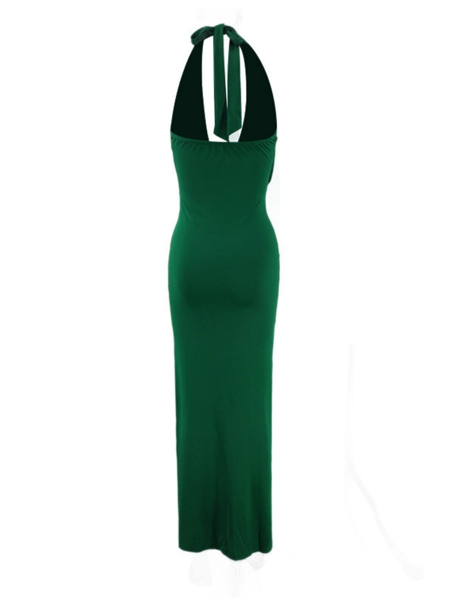 V-neck Halter Temperament Pleated Hip-hugging Big Backless Midi Dresses
