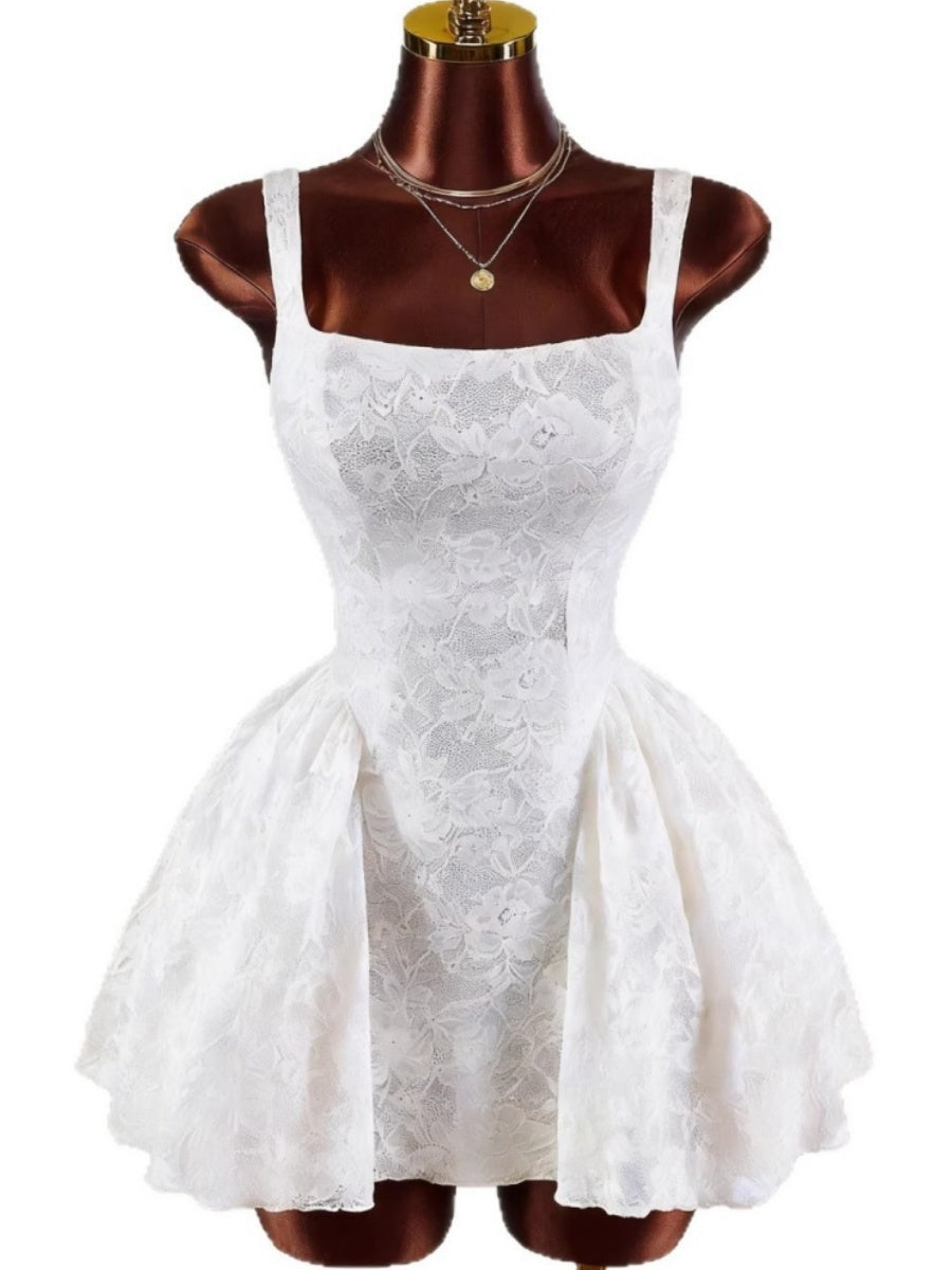 Square Collar Waist Bud Puff Lace Mini&Short Dresses