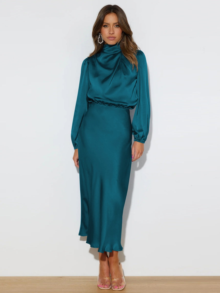Satin Long Sleeve Zipper Solid Color Maxi Dresses