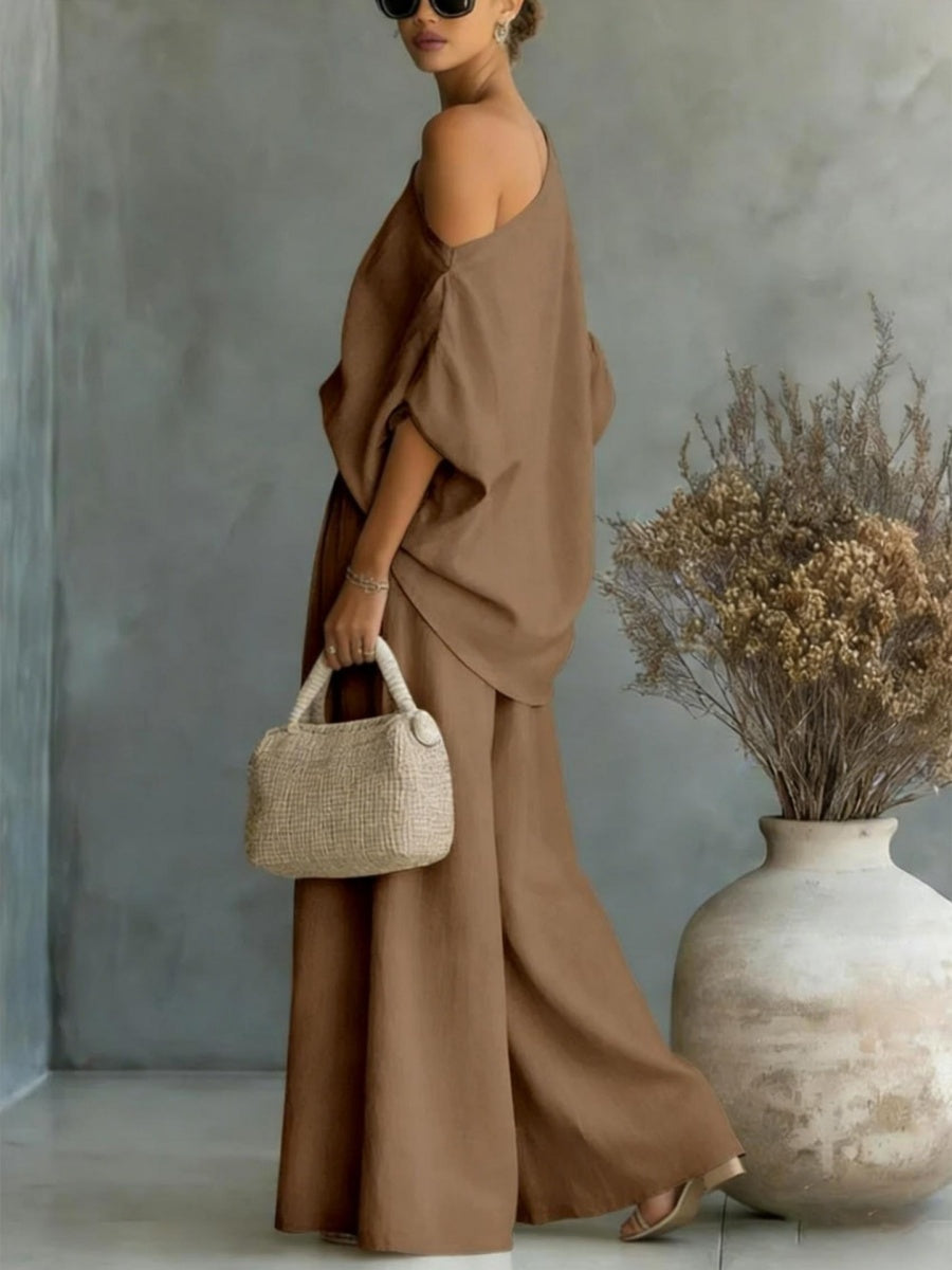 Loose-fit Off-shoulder Jacket Wide-leg Pants Set 2-piece Sets