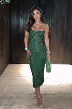 Floral Lace Underwire Corset Spaghetti Strap Paneled Seam Midi Dress