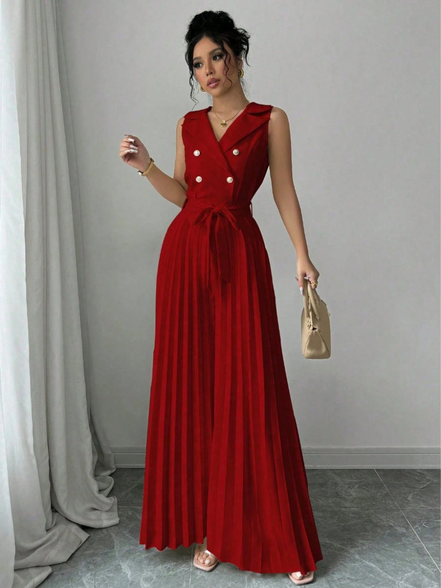 Commuting Suit Collar Pleated Pants Double-breasted Jumpsuits
