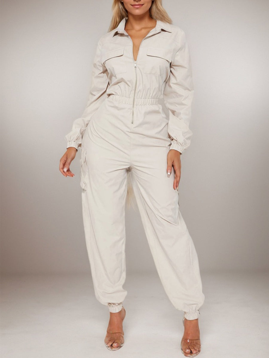 Flap Pocket Long Sleeve Waist Zipper Jumpsuits