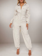 Flap Pocket Long Sleeve Waist Zipper Jumpsuits